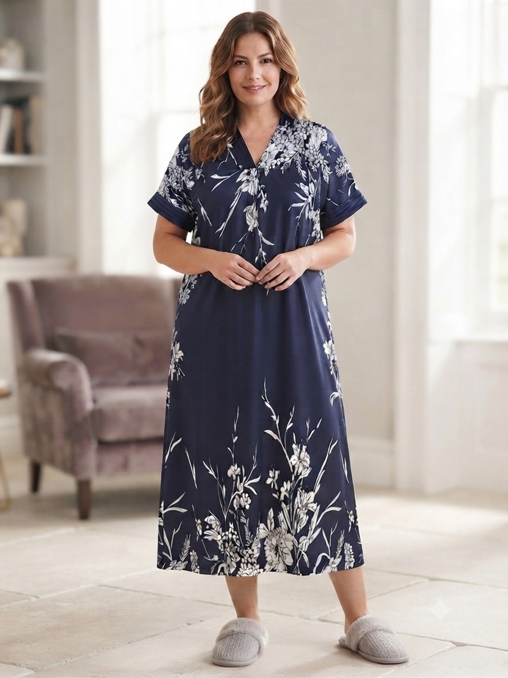 Women's Navy Floral Short-Sleeve 1/4 Zip House Dress Muumuu Vintage Granny Core